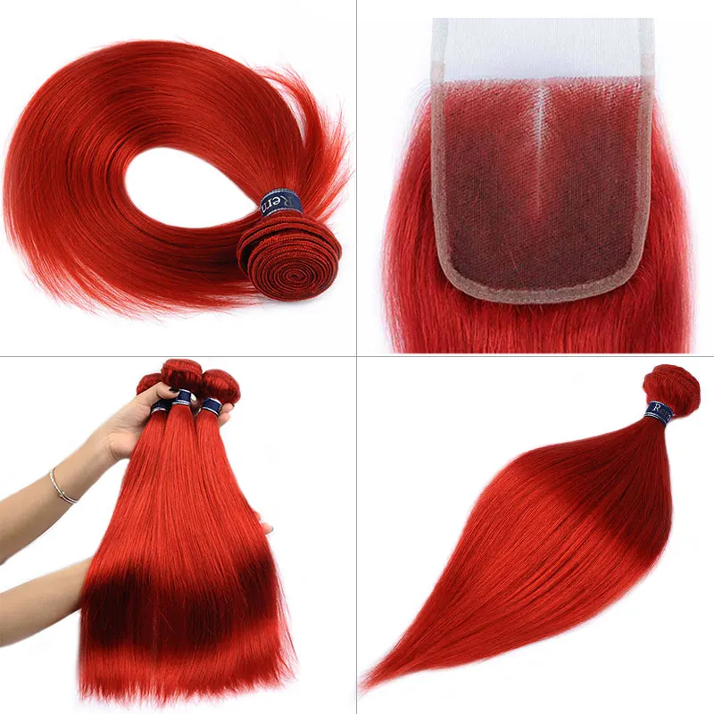 Peruvian Human Hair 3 Bundles With Closure Remyblue Red Colored Straight Hair Weave Bundles With Closure Remy Hair Pre Plucked