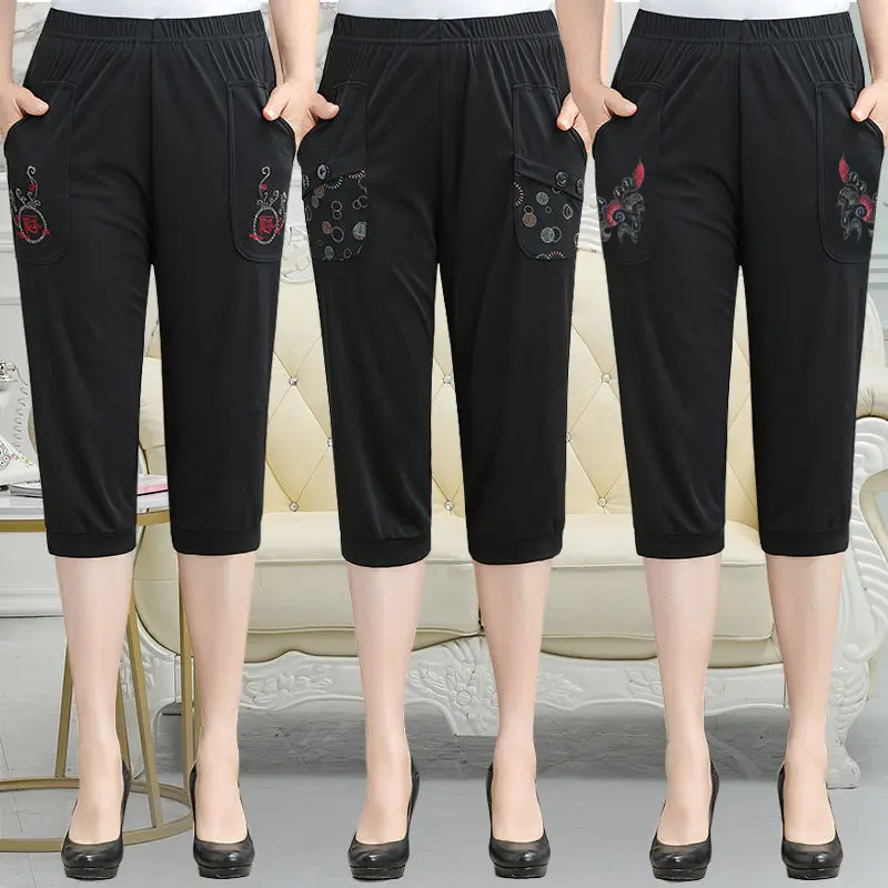 Women Capris Pants 2022 Summer Thin Elastic High Waist Stretch Embroidery Calf-length Harem Mom's Pants Pantalon