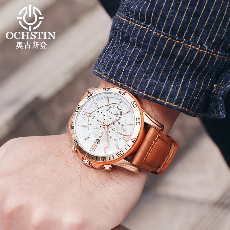 reloj hombre OCHSTIN Rose Gold Luxury watch Automatic Calendar business men watch in Casual sport leather band quartz watch men