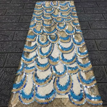 

French net lace fabric in red dresses fabric blue and golden double-color sequins beige color background Tulle Lace Fabric