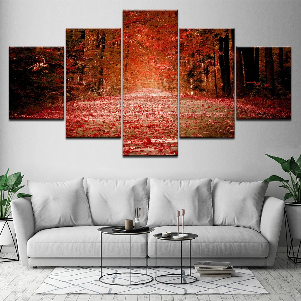 Осенние красные упавшие листья плакат с изображением леса 5 шт. холст обои