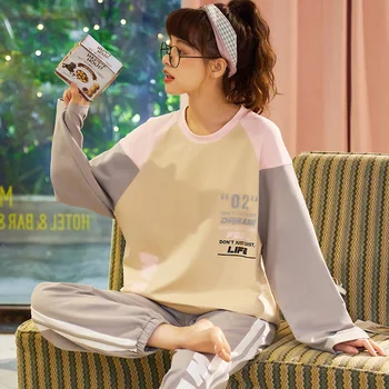 

Autumn Winter Cotton Print Women's Pajamas Sleep Round Neck Long Sleeve Top Long Pant Pajamas Set Woman Sleepwear Pyjamas Women