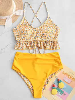 

Zaful Tiny Floral Lace Up Ruffle High Waisted Tankini Swimsuit
