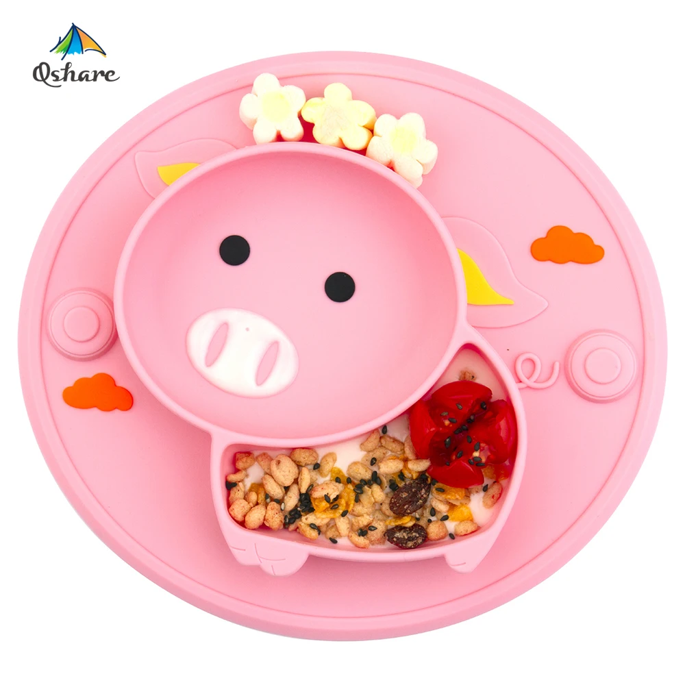 Suction-Plate Feeding-Bowl Baby Dishes Silicone Qshare Children Cute Pig