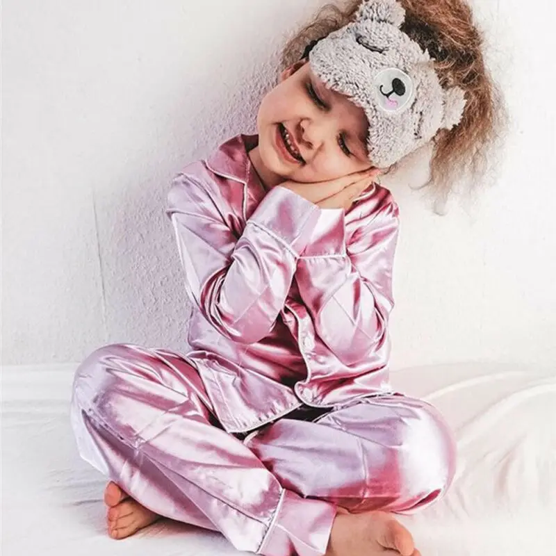 

2020 Spring Autumn Baby Girls Pajamas Set Silk Satin Long sleeve Pjs Set Toddler Kids Girl Nightwear Sleepwear 1-7T