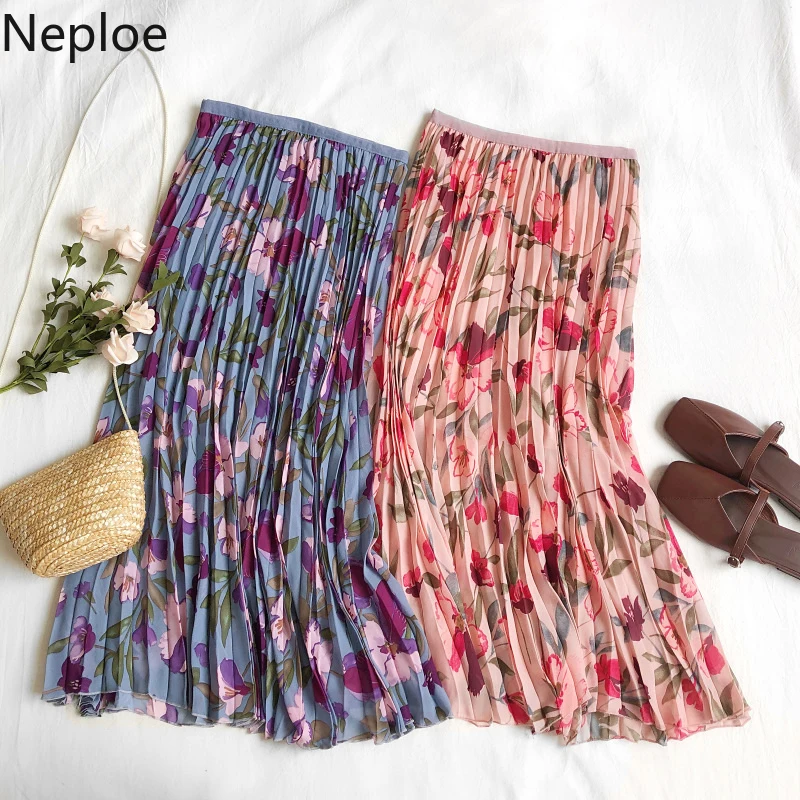 Neploe/женские плиссированные юбки средней длины с высокой талией, с цветочным принтом, для отдыха, Faldas, лето-осень, тонкий, Jupe Femme 46248