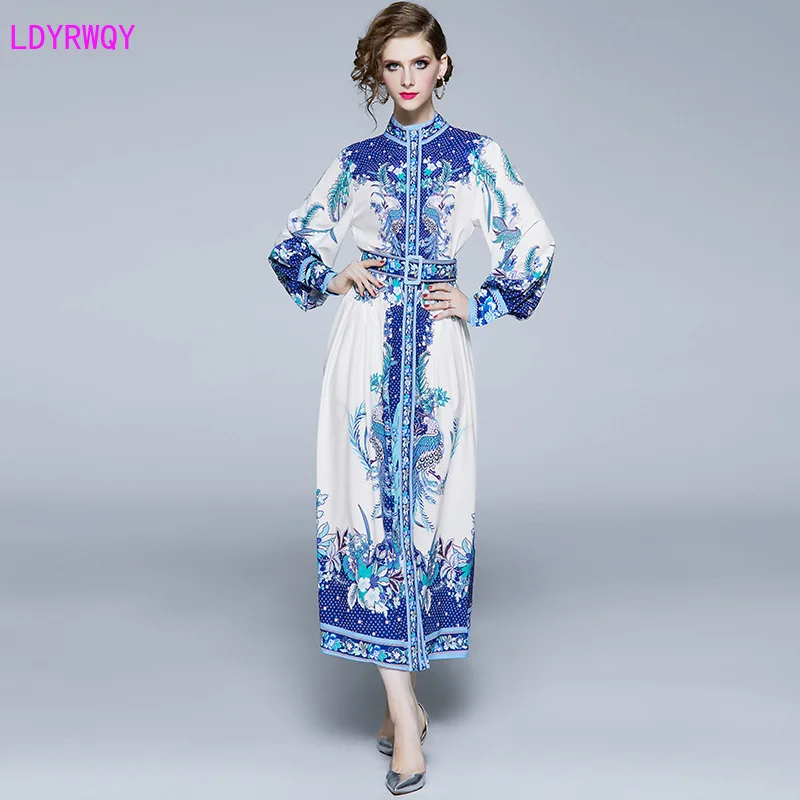 

2019 autumn and winter new European and American women's stand-up collar long-sleeved retro ethnic style printed long dress