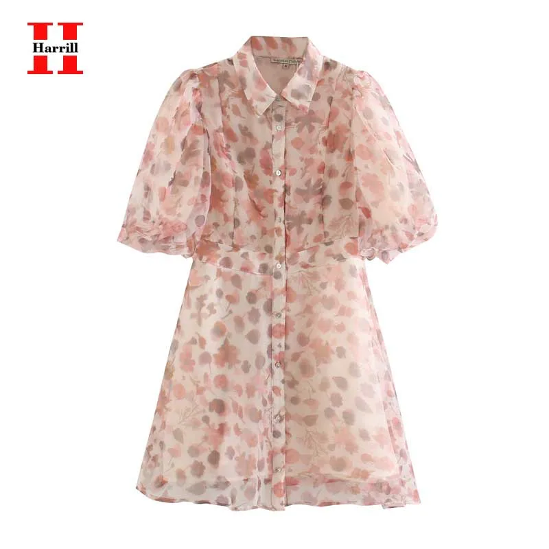 

Vintage Puff Sleeve A-line Dress Women Turn Down Collar Single-Breasted Dress Woman Printed Mini Dresses Female Casual Clothes