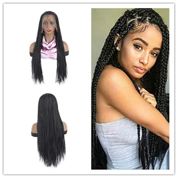 

Leeven 24''Fashion Lace Front Wigs Natural Heat-resistant Fiber Black Braid Synthetic Long Wig for Africans Women