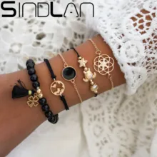 Sindlan, 5 шт., богемные золотые браслеты, наборы для женщин, шарм, кисточка, черные бусины, плетение, веревка, карта, преувеличенный цветок, ювелирные изделия на запястье