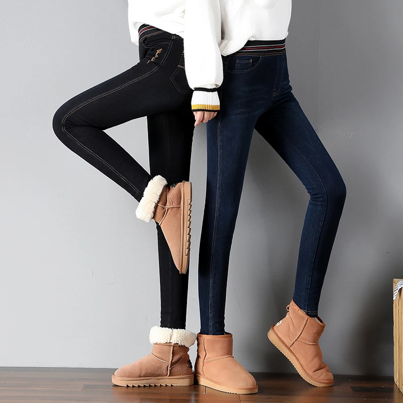 Autumn and Winter Plush and Thickened Jeans Women's Warm Pants New Slim High Waist Leggings and Down Cotton Denim Blue