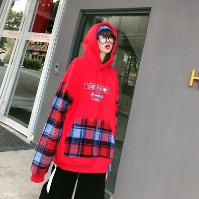 Couple's bodyguard fashion BF Street hip hop Plaid grain Plush long sleeve Hoodie cover with plush Sweatshirt hoodies - Цвет: Красный