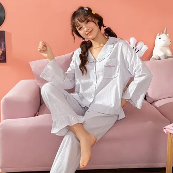 

Autumn Women's Cotton Pajamas Suit Long-sleeve Ruffle Cardigan Turn-down Collar Pyjamas Loose Fashion Home Nightwear 2pcs Sets