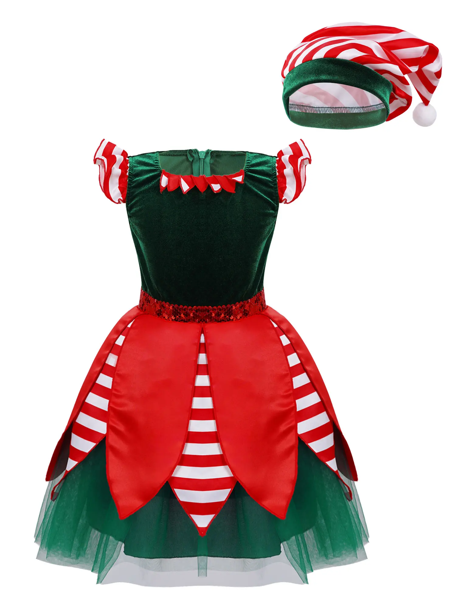 

Kids Girls Elf Christmas Costume Xmas Santa Clause Fancy Tutu Dress Leotard With Hat Carnival New Year Party Cosplay Dress Up