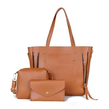 

Women Handbags 3pcs/set Fashion Solid Color Handbag PU Leather Women Crossbody Messenger Clutch Bag Large Capacity Zipper Tote