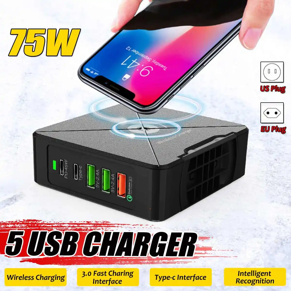 USB 3,0 Быстрая зарядка 75 Вт 5-Порты и разъёмы USB Wall Зарядное устройство Беспроводной Зарядное устройство для путешествий на мобильный телефон Зарядное устройство для iphone XR для samsung S10