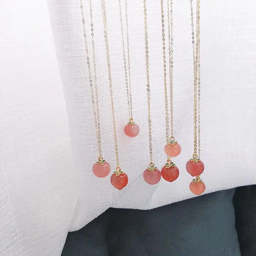 Natural Stone Quartz Red Peach Cherry Pendant Necklace For Woman Metal Chain Plated 14K Gold Necklace Choker Sweet Jewelry Girl