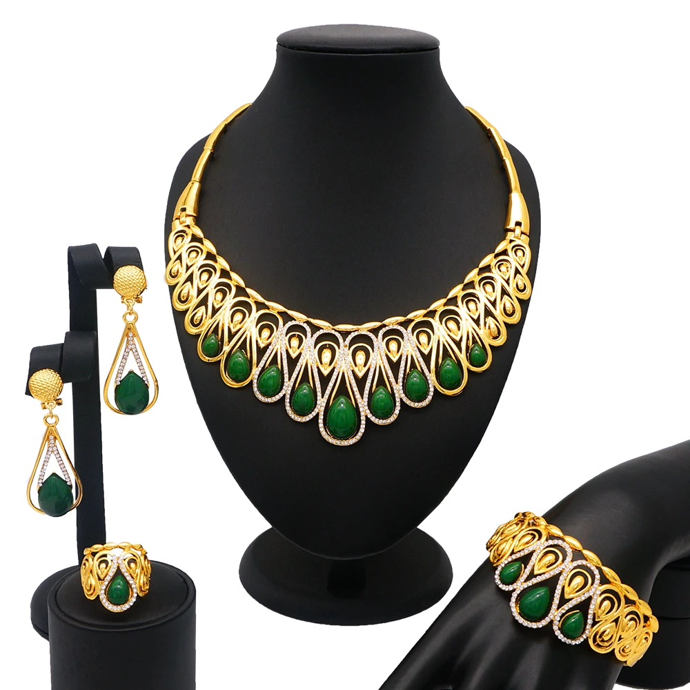 Dubai Emas Perhiasan Set Afrika Pengantin Pernikahan Hadiah Untuk Wanita Arab Saudi Merah Hijau Biru Warna Rhinestore Set Collares Perhiasan Perhiasan Set Aliexpress
