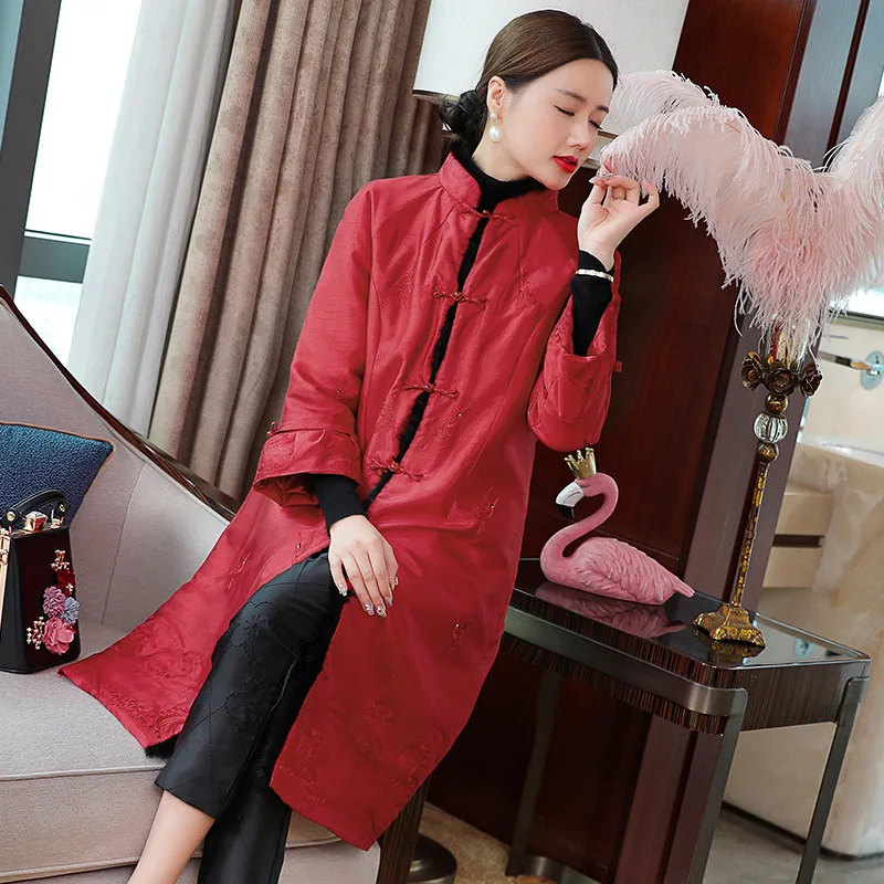 

Plus Size Long Parka Coat 2020 Autumn Winter Overcoats Women Exquisite Embroidery Cotton Padded Casual Vintage Parka Outwear XXL