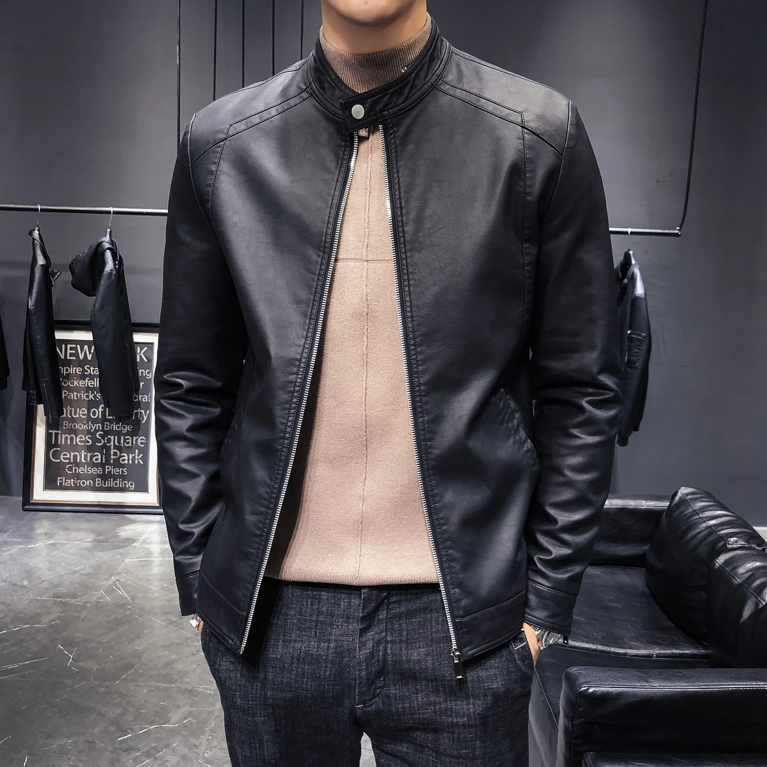 Promo 2019 Brand clothing Fashion Men Autumn winter Leisure leather jacket/Male High-quality slim fit Station collar Leather coats 5XL