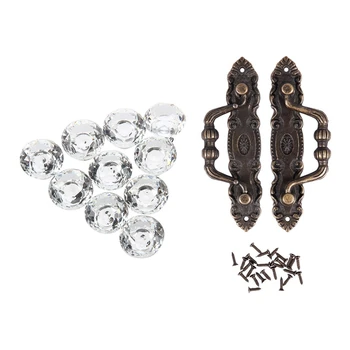 

10Pcs 30Mm Diamond Crystal Glass Door Drawer Handle Knob & 2Pcs Antique Style Drawer Pull Handle Knobs Bronze
