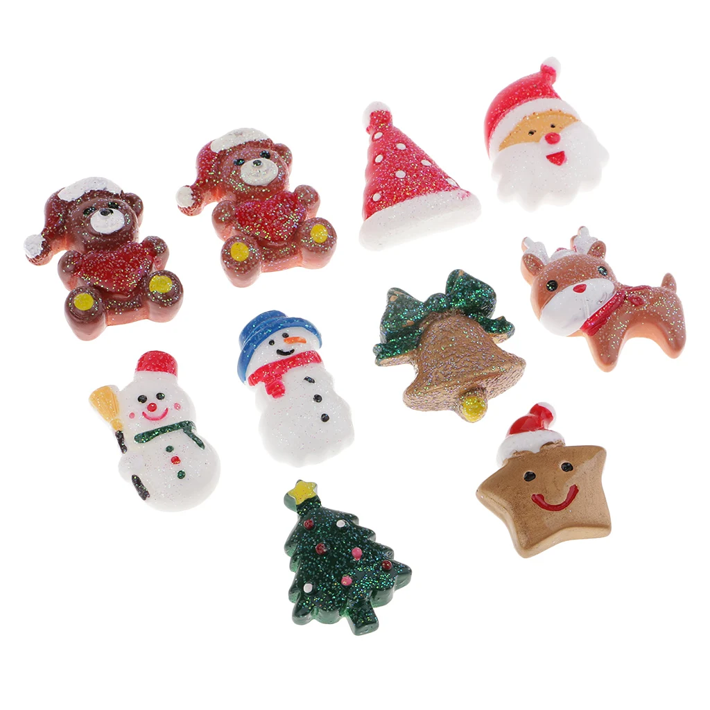 10pcs Assorted Christmas Resin Flatback Embellishment Cabochon for DIY Art Crafts Miniature Garden Ornaments Dollhouse Supplies