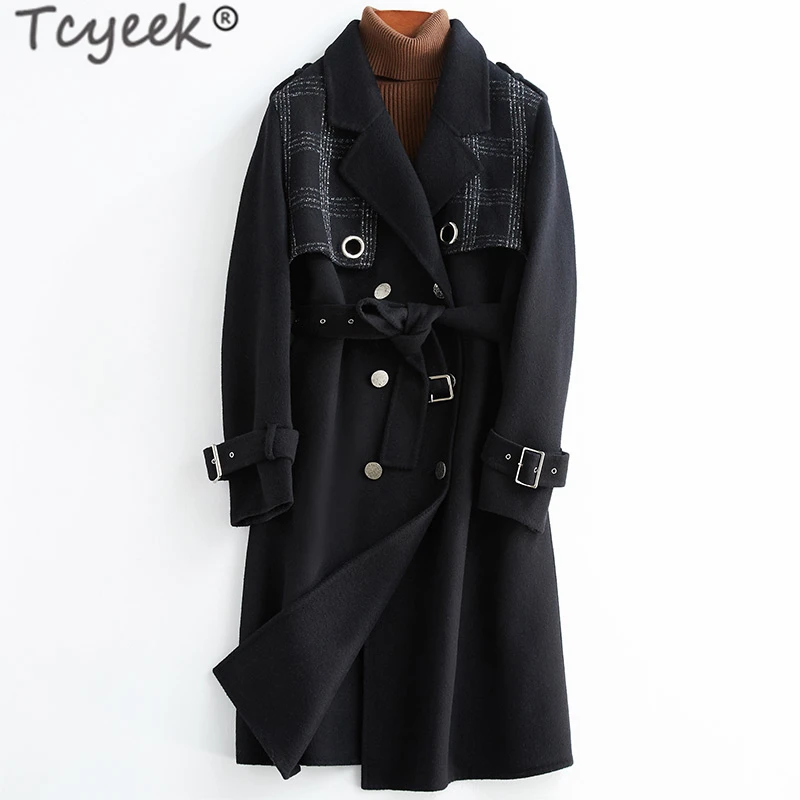 

Tcyeek Elegant Autumn Winter Coat Women Vintage Wool Coat Female Long Jacket Korean Both Sided Woolen Clothes Black Overcoat 843