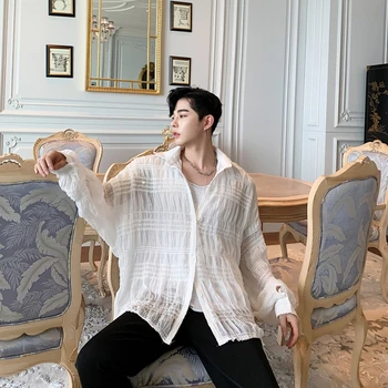 

Summer Men's See-through Shirt Loose Long Sleeve Lace Pleated Oversize Tops Vintage Black White Free Size Free Shipping B11