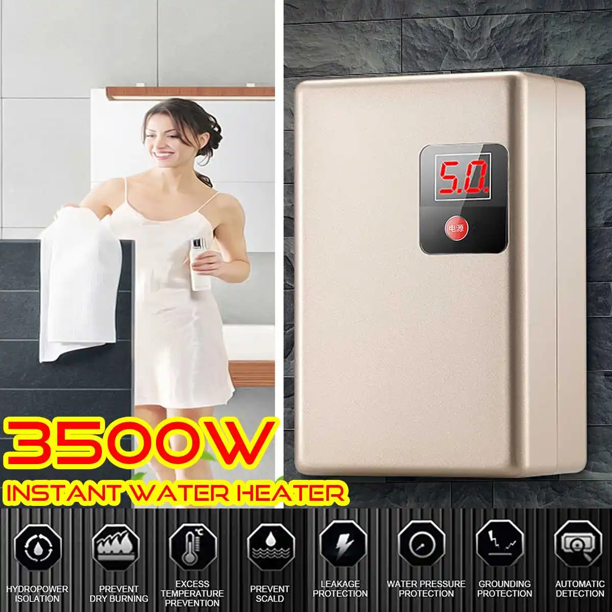 

3500W Mini Water Heater Electric Tankless Instant Hot Water Heater Intelligent Kitchen Bathroom Faucet Tap Heating Waterproof