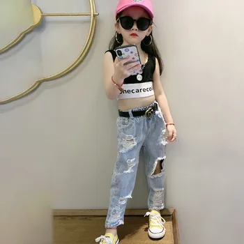 

Spring Summer girls jeans baby denim pants kids trousers children streetwear iregular front back hollow out ripped 3 to 12 yrs