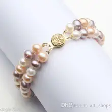 Подлинный 7-8 мм 2 ряда Многоцветный натуральный пресноводный жемчужный браслет Akoya 7,5''