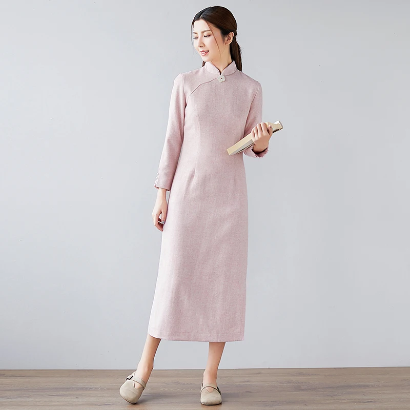 

2020 chinese traditional women long sleeve cheongsam chinese dress qipao thick warm retro side split female elegant long dress