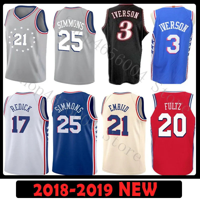 25 Бен Симмонс Джерси 20 Markelle Fultz 21 Joel Embiid 3 Allen Iverson 17 J.J. Баскетбольные майки Redick города