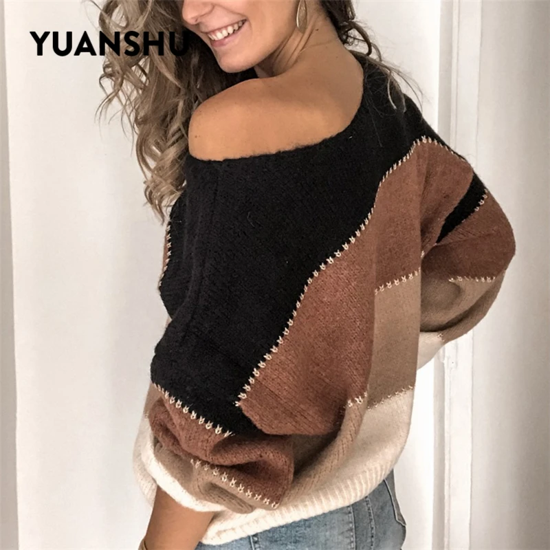Cena YUANSHU patchworkowy w stylu casual seksowna dzianina sweter kobiety wiosna jesień luźne paski topy Jumper biurowa, damska sweter oversize