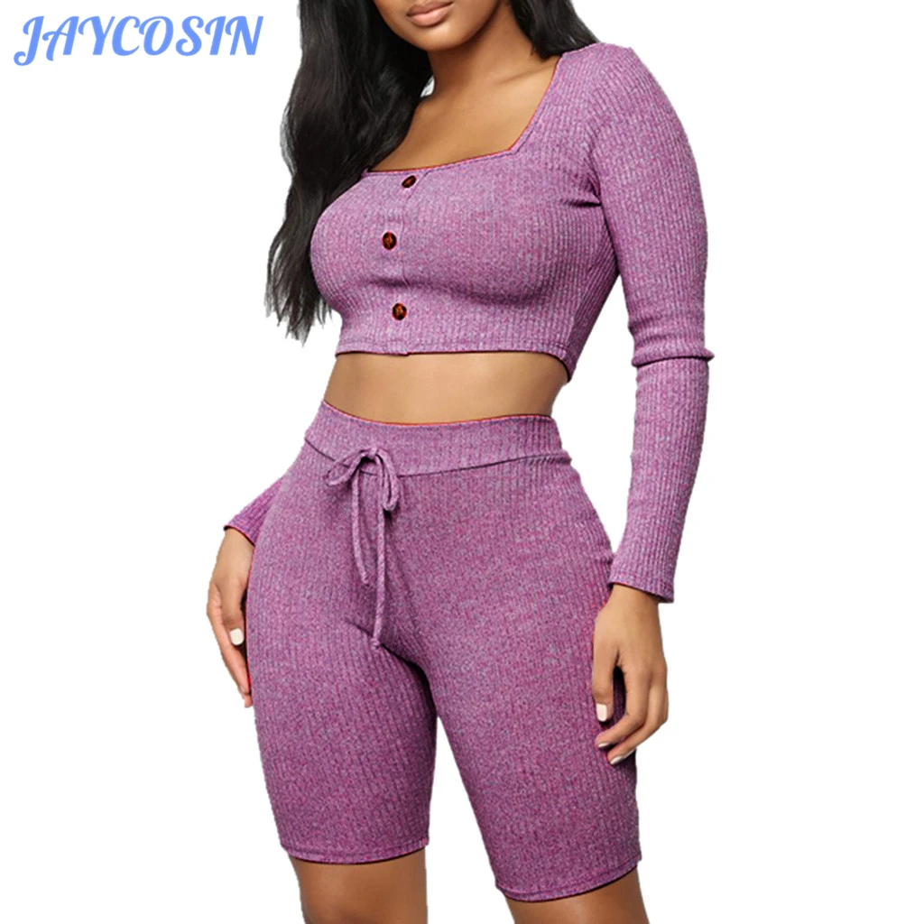 

JAYCOSIN Women Set Clothes Solid Color Long Sleeve Top And Short Pants Fitness Bodycon Tracksuit For Women Autumn Winter 807