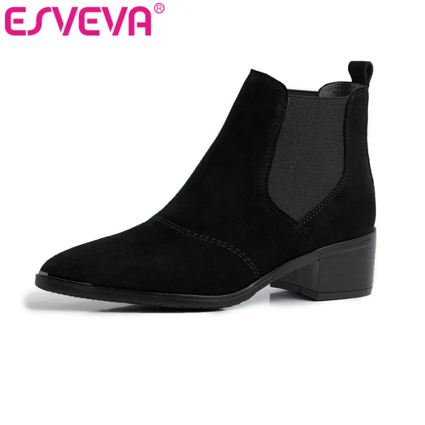 

ESVEVA 2020 Women Shoes Ankle Boots Pointed Toe Western Style Leather+PU Slip On Med Heel Motorcycle Platform Boot Size 34-39