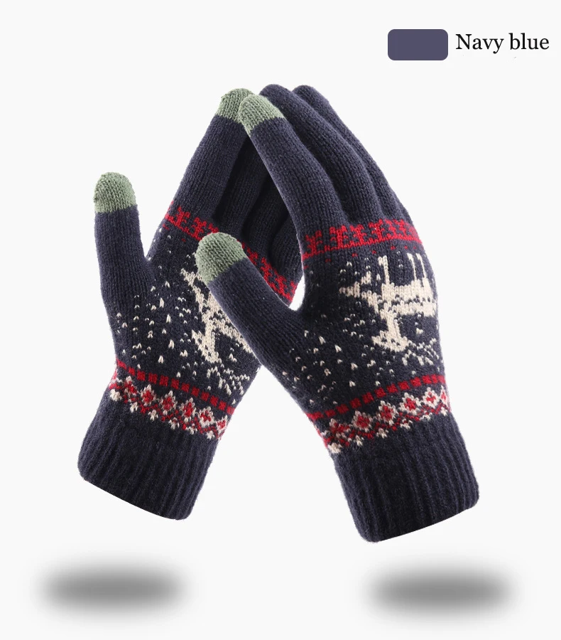 Navy blue Теплые женские перчатки с сенсорным экраном, рождественские варежки с лосем, тянущиеся вязаные варежки с имитацией полного пальца, женские утепленные перчатки - Цвет: Navy blue