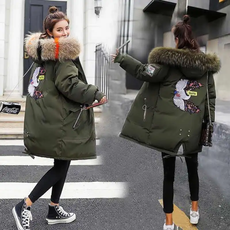 

Loose And Plus-sized Cotton-padded Clothes Women's Mid-length 2019 Thick New Style Large Fur Collar Cotton Coat Korean-style dow
