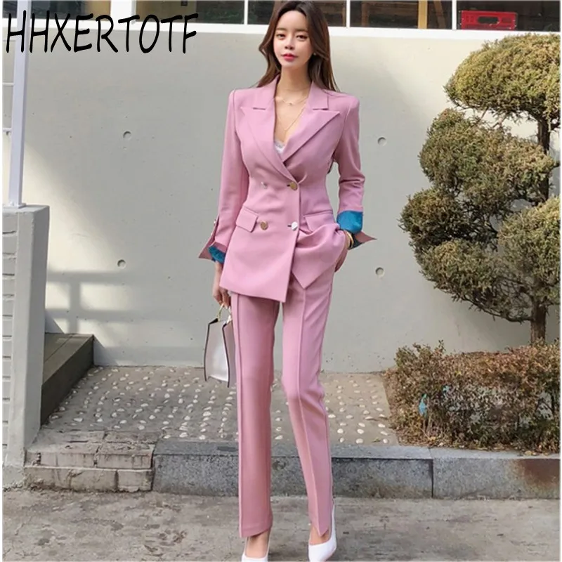 

2019 autumn winter OL Pink Green double-breasted two-piece Set Women Pant Suit Notched Female Blazer Jacket Office Sexy Women S