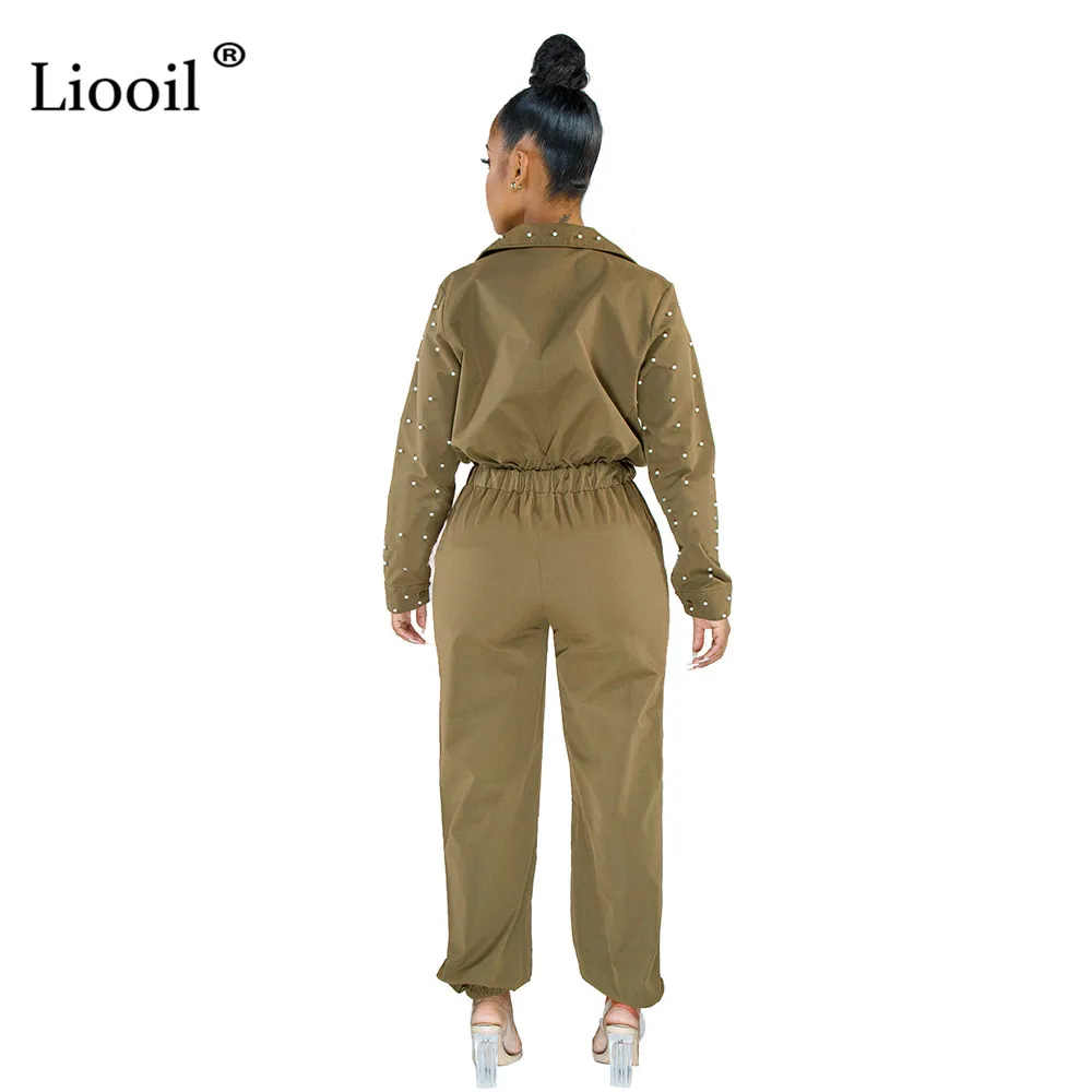 Liooil, сексуальный цельный наряд, комбинезоны с бисером, Осень-зима, с длинным рукавом, v-образный вырез, с карманами, вечерние, Клубные комбинезоны, женский комбинезон