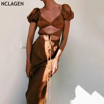 NCLAGEN-Vestidos calados de lazo para mujer, vestido largo femenino con hombros abullonados, bata de playa para fiesta, trajes informales de gran tamaño