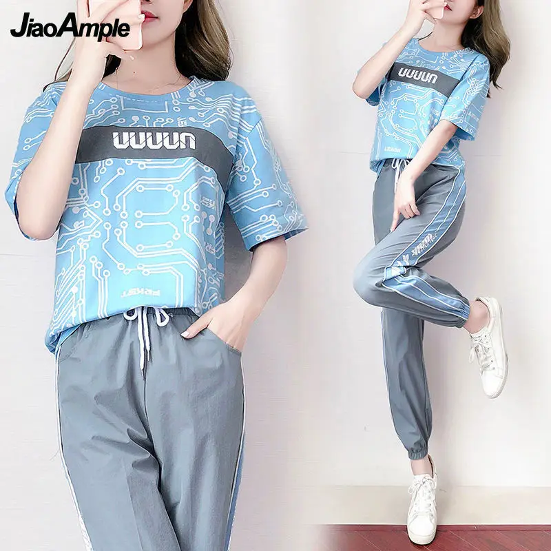 

Sports Suit Women's Summer Fashion Casual Trendy Sportswear Tracksuit 2024 New O-Neck Short-sleeved Trousers Two-piece Set