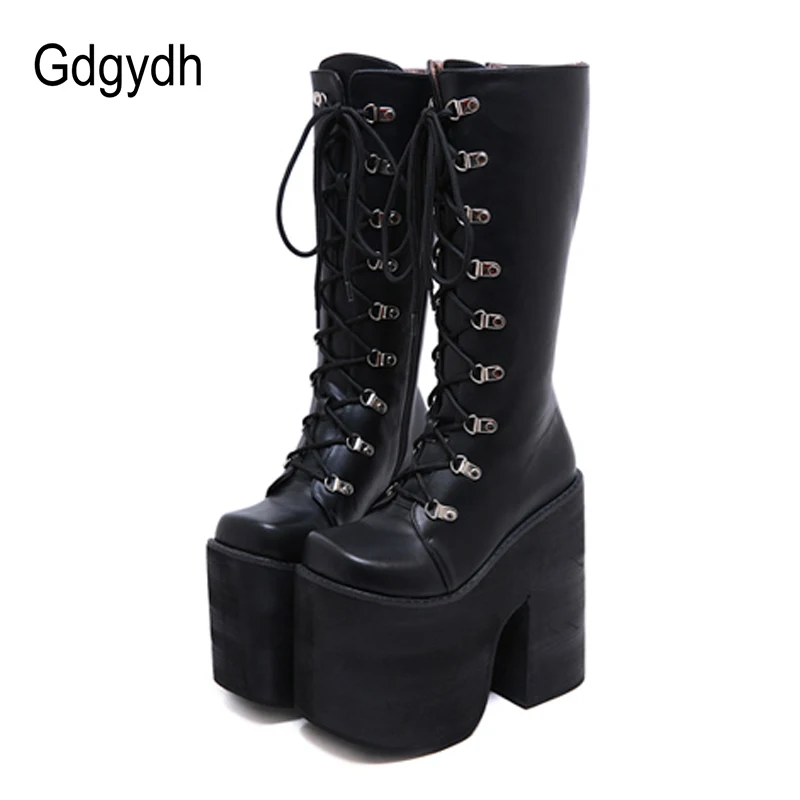 Large Size 43 Thick Platform Extreme High Heels Cool Motorcycles Boots Punk Style Shoelaces Knee High Boots Winter women knee boots