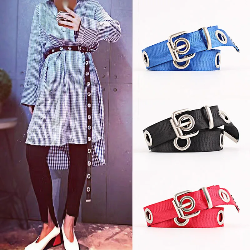 

Punk Women Canvas Belt Alloy Single Row Hole Pin Buckle Waist Strap Student Black White Long Waistband For Jeans Trouser