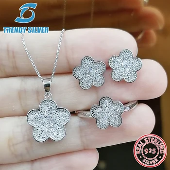 

complete pure 925 sterling silver zirconia clear CZ luxury jewelry set ring earrings for woman pendant necklace trendy design