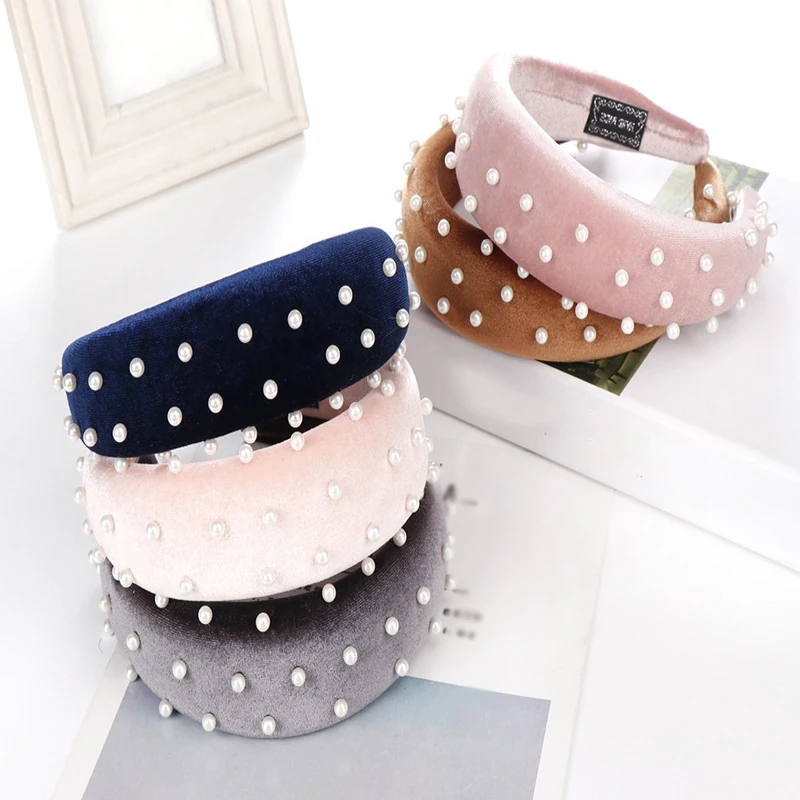 

Women Thick Sponge Pearls Bezel Velvet Head Band Lady Hoop Wide Hairbands Woman Headbands Korean Girls Hair Accessories