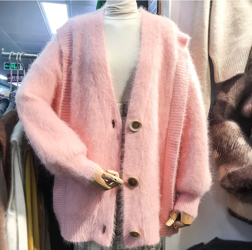 

Новый элегантный осенне-зимний розовый норковый кашемировый мягкий кардиган JSXDHK, верхняя одежда, Женский плотный теплый свободный свитер с оборками и V-образным вырезом, пальто