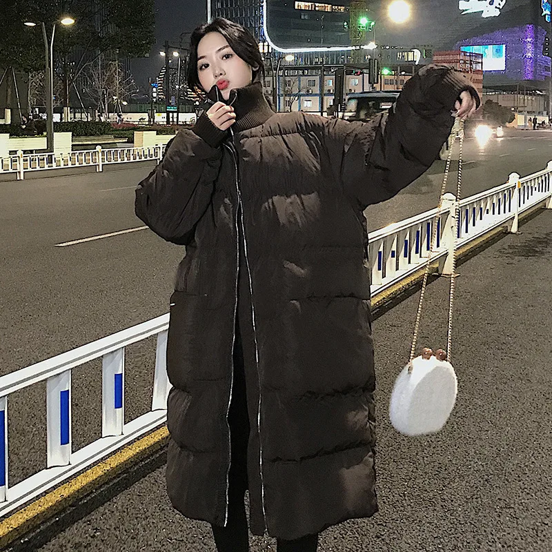 Photo Shoot Main Push Winter New Style Korean-style Loose-Fit Stand Collar Long Zipper Dark Coffee Cotton Overcoat Women's