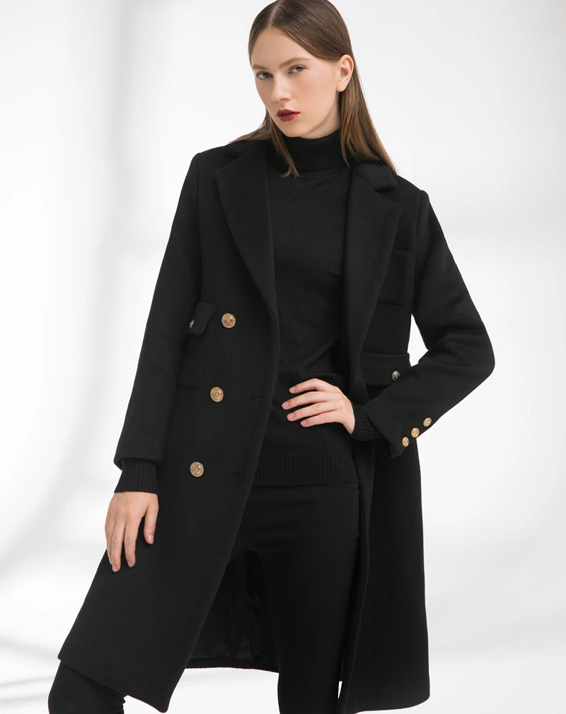 Зимнее модное двубортное шерстяное пальто для женщин, свободное черное шерстяное пальто размера плюс