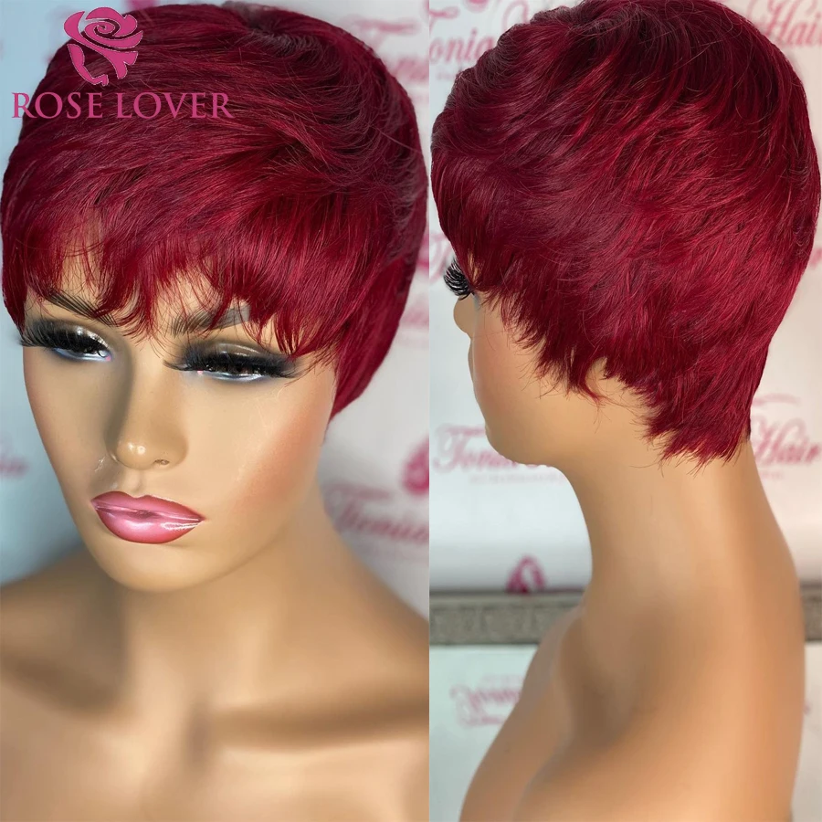 Get This Wig Short Human-Hair Pixie-Cut Bob Burgundy Full-Machine Black-Women 99J  wxQKMW3X91a